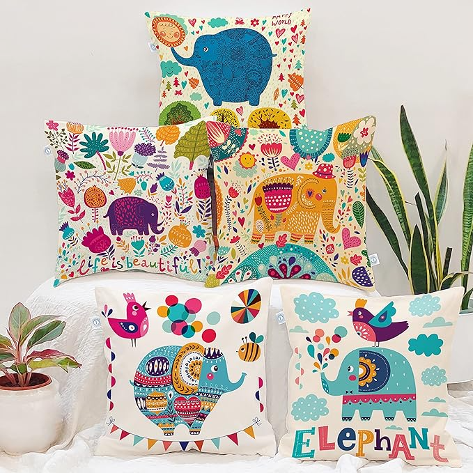 Cute Elephant Cartoon Blue Cushion Covers Set of 5 16x16in for Diwali 2025 | Polycotton Indian Home Decor